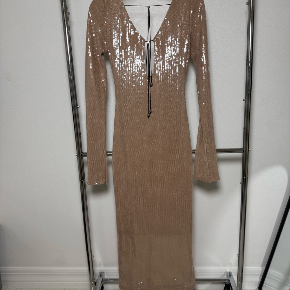Glamorous Long Sleeve Sequin Dress in Tan